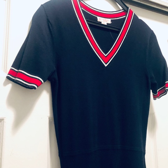 XS Navy Trim V-Neck Knit Midi Dress - Picture 3 of 10